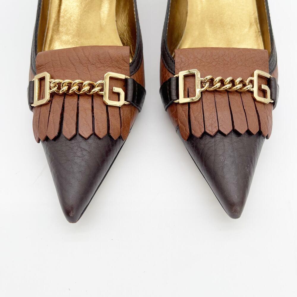 Dolce & Gabbana Vintage Brown Leather Fringe DG Chain Cap Toe Kitten Heels IT 40 - Picture 8 of 13